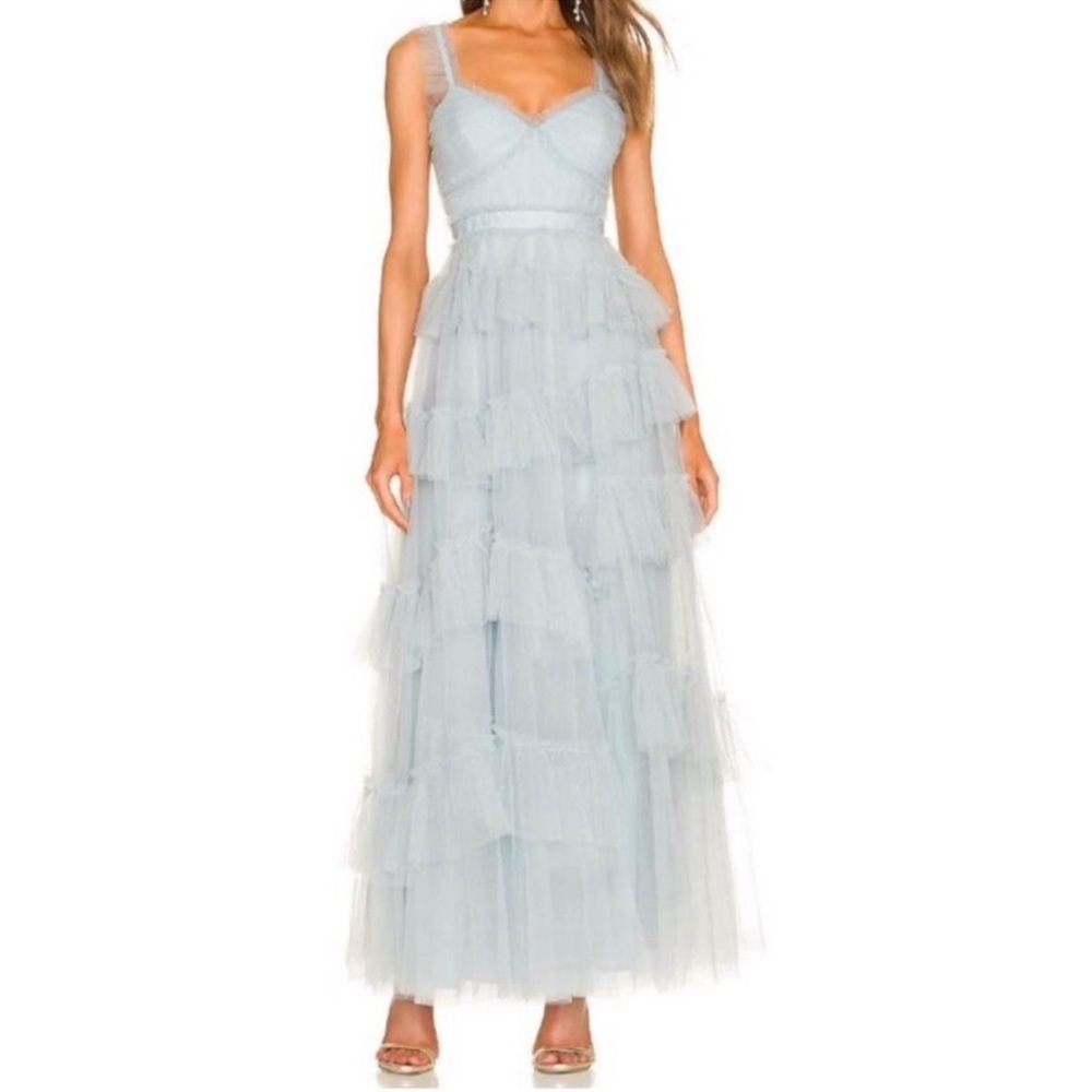 BCBGMaxAzria Light Blue Layered Maxi wedding guest or prom dress!